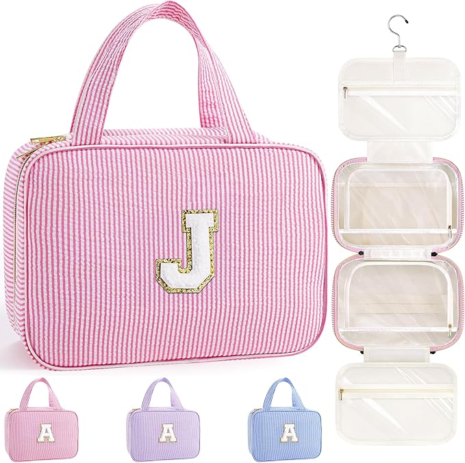 TOPEAST Travel Toiletry Bag Makeup Bag - Hanging Toiletry Bag for Women, Portable Toiletries Travel Bag and Cosmetic Bag, Airplane Travel Essentials Travel Toiletry Bag - Letter J, Pink