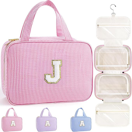 TOPEAST Travel Toiletry Bag Makeup Bag - Hanging Toiletry Bag for Women, Portable Toiletries Travel Bag and Cosmetic Bag, Airplane Travel Essentials Travel Toiletry Bag - Letter J, Pink