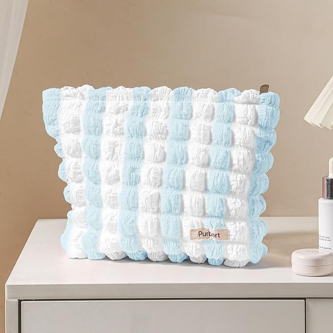 Makeup Bag, Bubble Cloud Travel Cosmetic Bag Organizer, Large Capacity Toiletry Make Up Bags with Zipper for Women and Girls, Blue - White