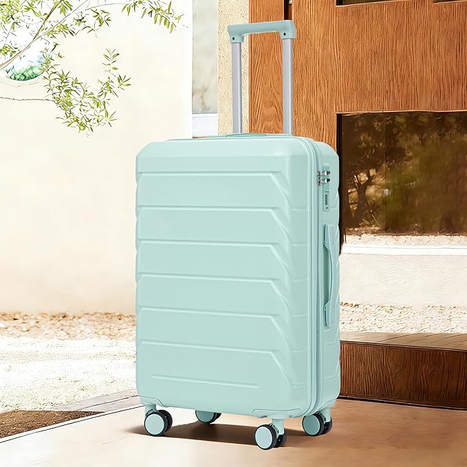 28 Inch Checked-Large Luggage, Lightweight ABS Hard Shell Suitcase with Spinner Wheels, Expandable Travel Luggage with Combination Lock & Side Hooks for Men Women (Green, 28)
