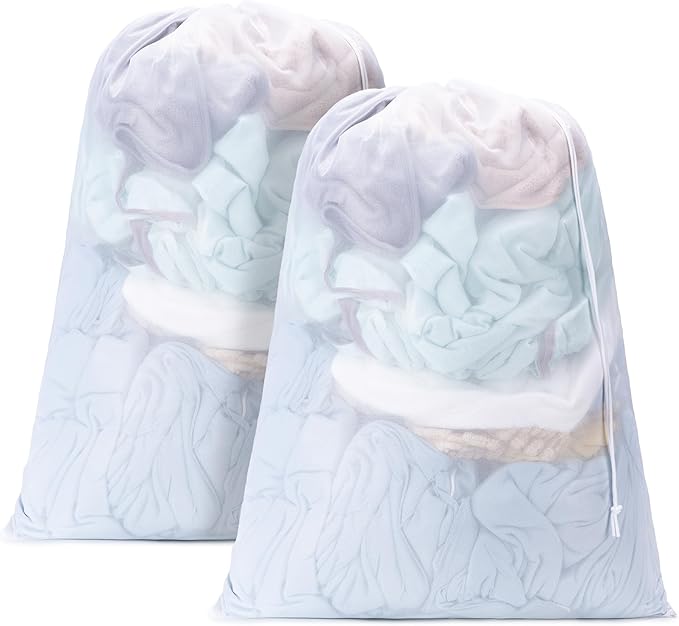 2 Pack Mesh Laundry Bags,Machine Washable Dirty Clothes Organizer with Drawstring and ID Tag, Large Laundry Hamper Liner Enough to Laundry Essentials for Travel, Sports（28" x 40",White)