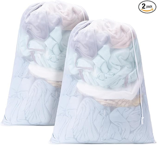2 Pack Mesh XL Laundry Bags,Machine Washable Dirty Clothes Organizer with Drawstring and ID Tag, Large Laundry Hamper Liner Enough to Laundry Essentials for Travel, Sports(24"x 36",White)