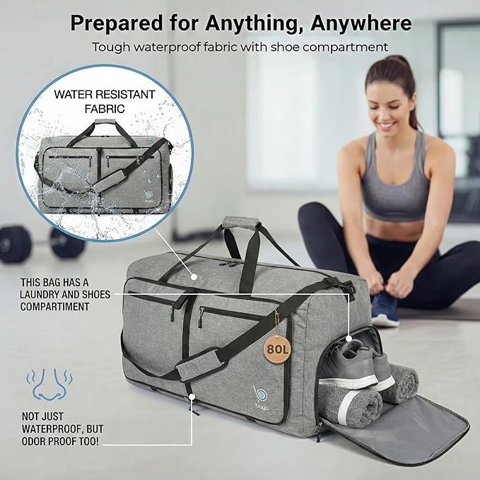 Bago Large Duffle Bag for Travel Women & Men. Durable Lightweight Foldable Travel Duffel Bags For Traveling Women. 80L Duffle Bags For Overnight Bag With Shoe Compartment Collapsible Weekender duffel