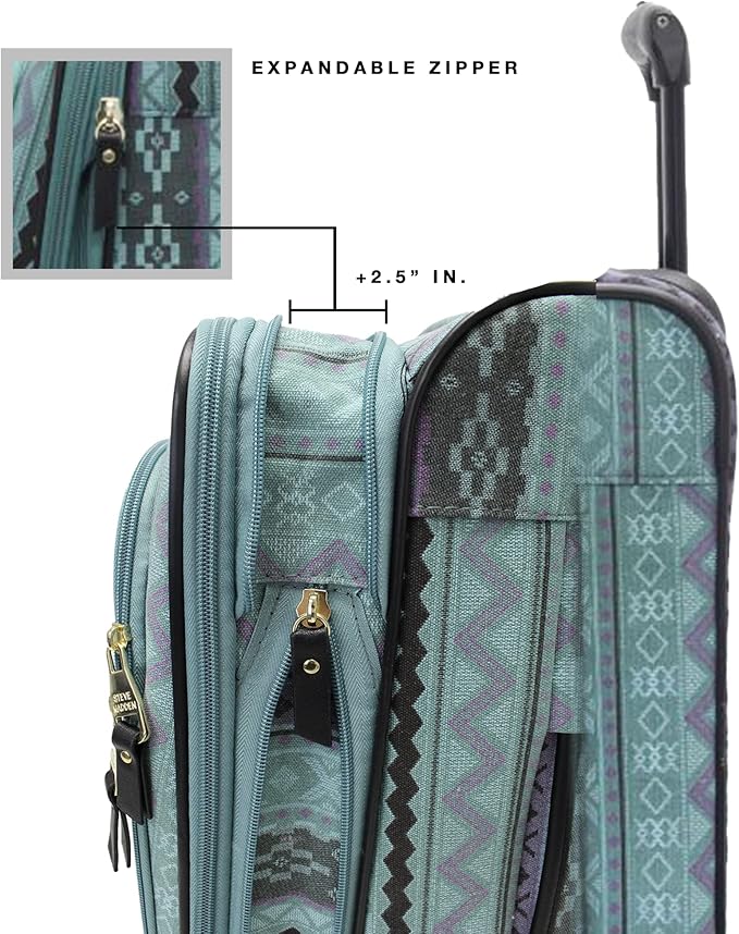 Steve Madden Designer Luggage Collection - Expandable 24 Inch Softside Bag - Durable Mid-sized Lightweight Checked Suitcase with 4-Rolling Spinner Wheels (Legends Turquoise)