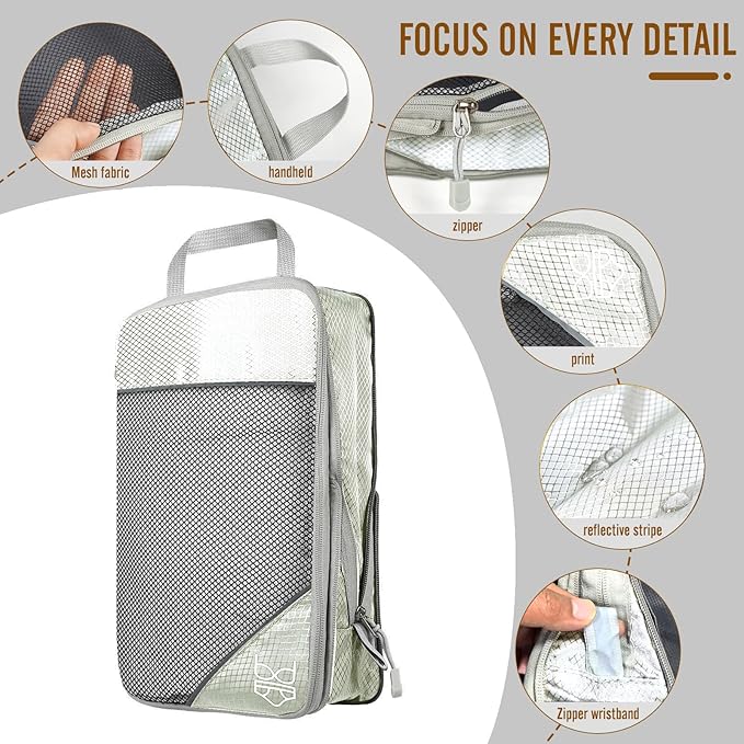 9-Set Packing Cubes with Hanging Bag | 9-Size Combination, Mesh Fabric & Reflective Stripe | Travel Luggage Organizers (Beige)