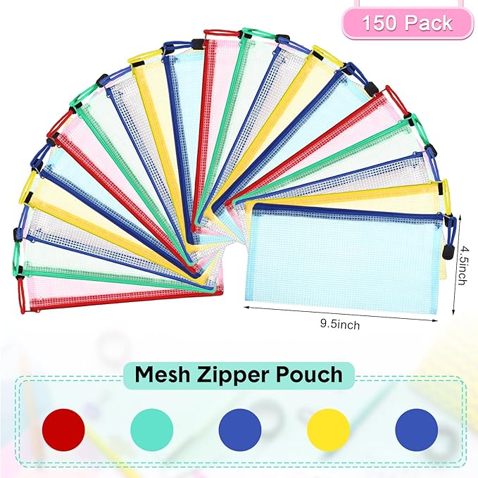 Harloon 150 Pack Pencil Pouch Bulk Gifts Back to School Mesh Zipper Pencil Cases 9.5 x 4.5 Inch Small Clear Holder Storage Multipurpose Cosmetics Toiletry Bags for Office Bill Travel(5 Colors)