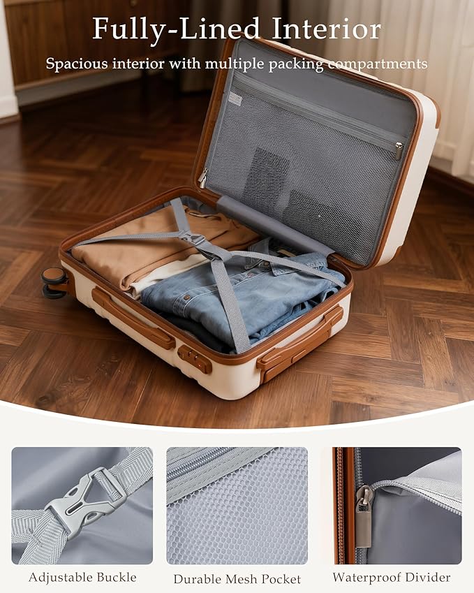 LONG VACATION Luggage Sets 5 Piece, Suitcases With Wheels, PC+ABS Hardshell Luggage Set with Spinner Wheels, TSA Lock (White Brown)