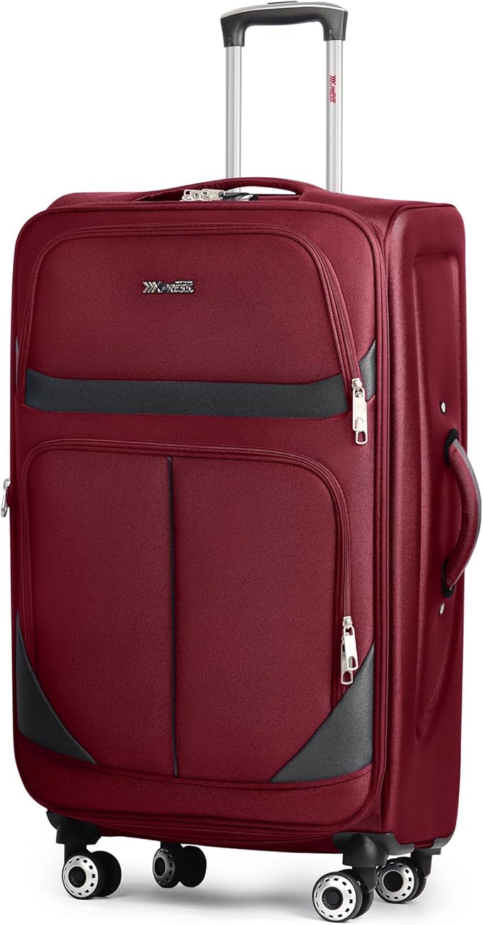 28" Large Softside Expandable 15% Checked Luggage with Double Spinner Wheels LOCK,Lightweight Travel Suitcase for Men/Women（Burgundy-Grey,28in）