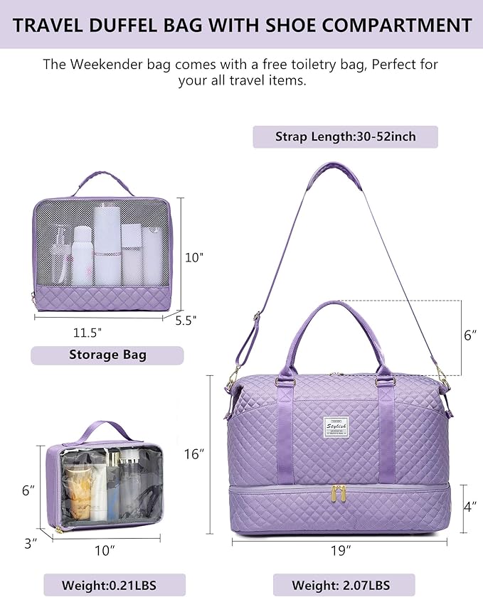 Weekender Bags for Women Duffle Bag - Travel Duffel Bag with Shoe Compartmen Carry on Overnight Bag Gym Duffel Bag with Wet Pocket Hospital Bags for Labor and Delivery Purple