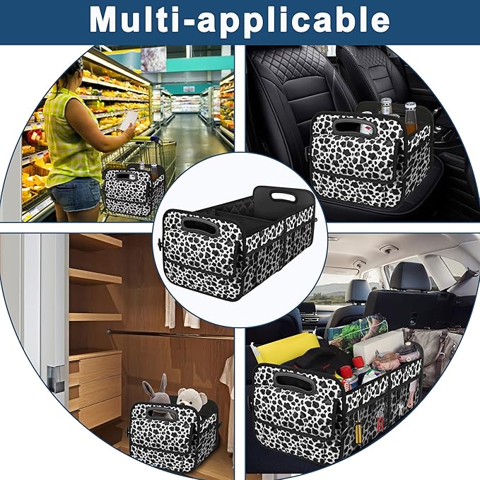 Deosk Car Organizer for SUV - 6 Big Pocket Trunk Storage With Waterproof Polyester, Car Accessories for Women/Men, Cow Print (Medium)