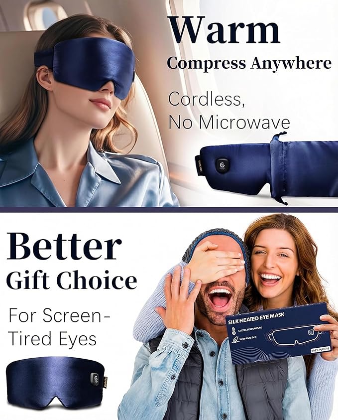 Heated Eye Mask for Dry Eyes - Silk Cordless Warm Eye Compress Moist Heat, FSA Eligible, Eye Heating Pad for Stye Treatment, Tired Eyes, Sleep, Travel, Washable, Rechargeable, Blue
