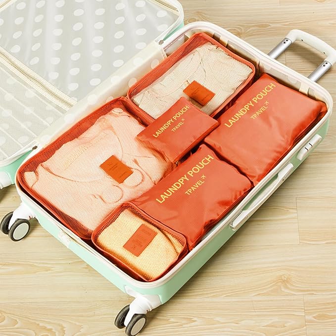 6 Set Packing Cubes for Travel Luggage Packing Bags Reusable Waterproof Suitcase Organizer Bags Set with Shoe Bag and Toiletry Bag (Orange)