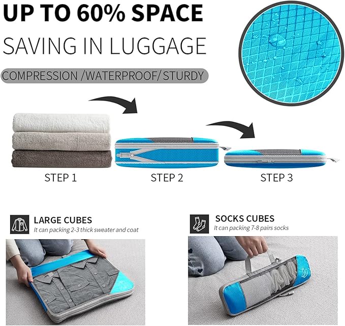 9-Set Packing Cubes with Hanging Bag | 9-Size Combination, Mesh Fabric & Reflective Stripe | Travel Luggage Organizers (sky blue)