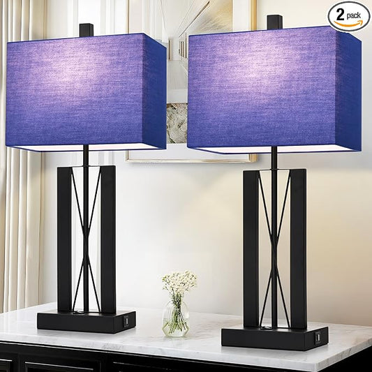 Lolikit 25" Table Lamps for Living Room Set of 2, Bedside Lamps for Bedroom | 2 USB Charging Ports,Blue and Black,Geometric Industrial Contemporary,2 LED Bulbs Shade Included,Nightstand,End Table