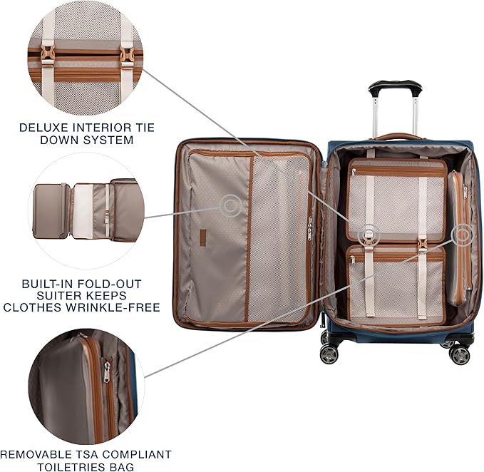 Travelpro Platinum Elite Softside Expandable Checked Luggage, 8 Wheel Spinner Suitcase, TSA Lock, Men and Women, Coastal Blue, Checked Medium 25-Inch