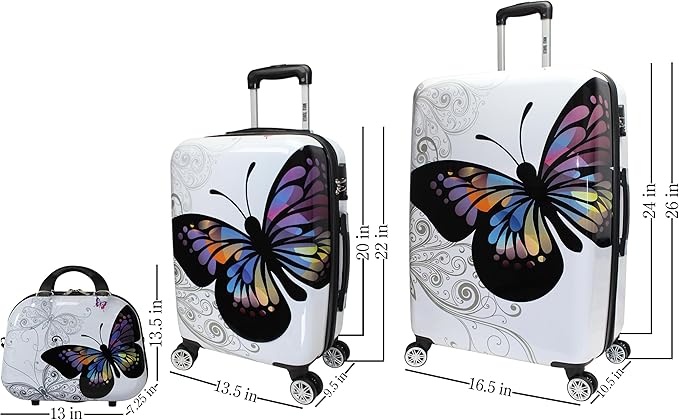 World Traveler Butterfly 3-Piece Polycarbonate Hardside Expandable Spinner Luggage Set with Enhanced Wheel System