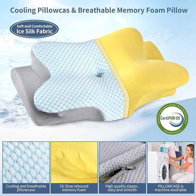 Cervical Neck Pillow for Pain Relief, Memory Foam Contour Orthopedic Pillow, Ergonomic Cooling Neck Support Pillow for Side Back Stomach Sleepers, Bed Pillow for Sleeping Comfort