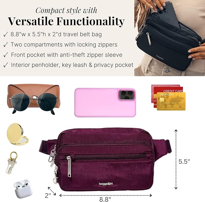 Baggallini Securtex Anti-theft Belt Bag 8.8"x5.5" Crossbody Fanny Pack for Women RFID Wallet Locking Zipper Travel Purse