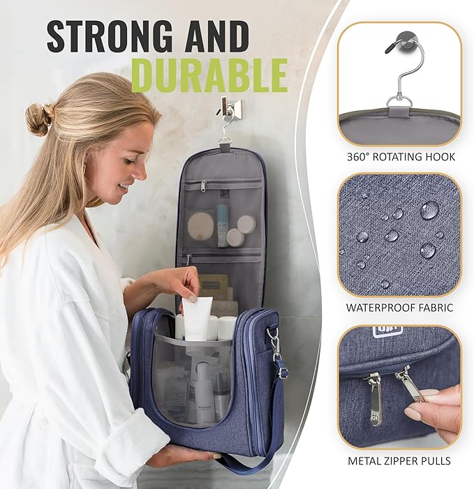 BOACAY Extra Large Hanging Travel Toiletry Bag for Women and Men, Makeup Bag, Bathroom & Shower Organizer Kit for Accessories, Cosmetics, Essentials