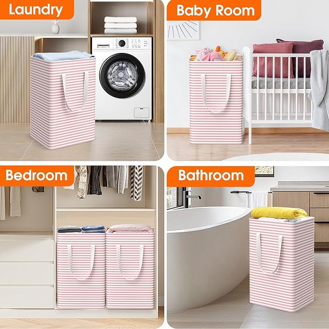 3 Pack Large Laundry Basket,Waterproof & Freestanding Laundry Hamper,Collapsible Clothes Hampers with Easy Carry Long & Reinforced Handles in Bathroom,College Dorm(125Lx3,Pink)