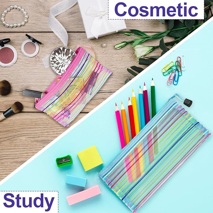Mesh Bags with Zipper (10 Pack), Small Nylon Makeup Bag Cosmetic Pouches Travel Organizer for Purse Diaper Bag Home Organizing Striped Mix 10 Colors