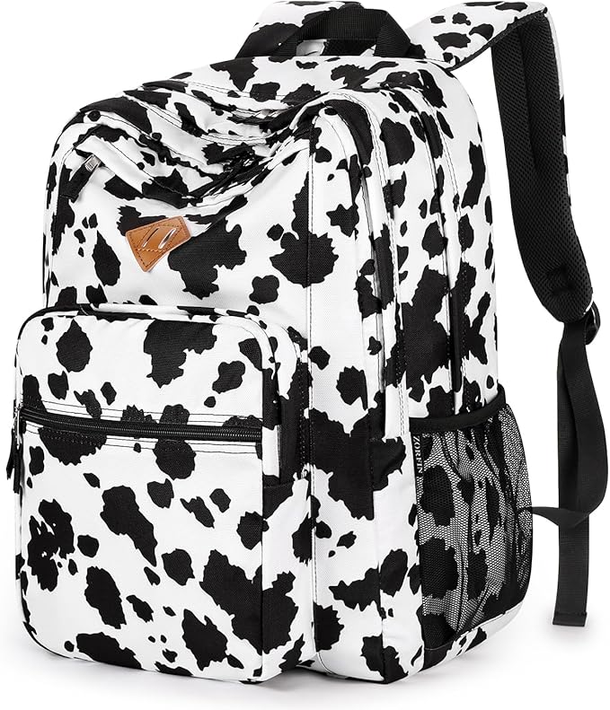 ZORFIN 26L Backpack for College, and Travel: Water Resistant Bookbag - Cow Print Black