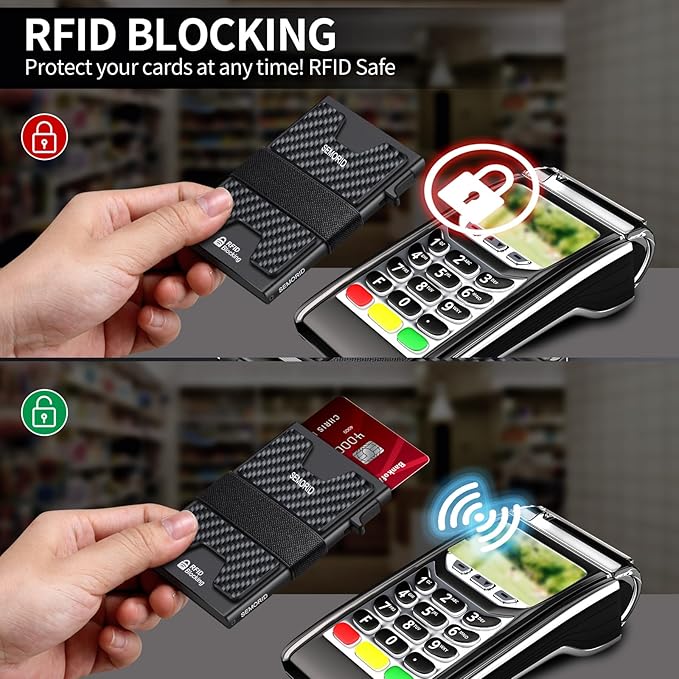SEMORID Slim Wallet for Men, Minimalist RFID Blocking Mens Wallet with Pop Up Case, Thin Metal Credit Card Holder with Cash Strap & Expandable Backplate - Holds 12 Cards