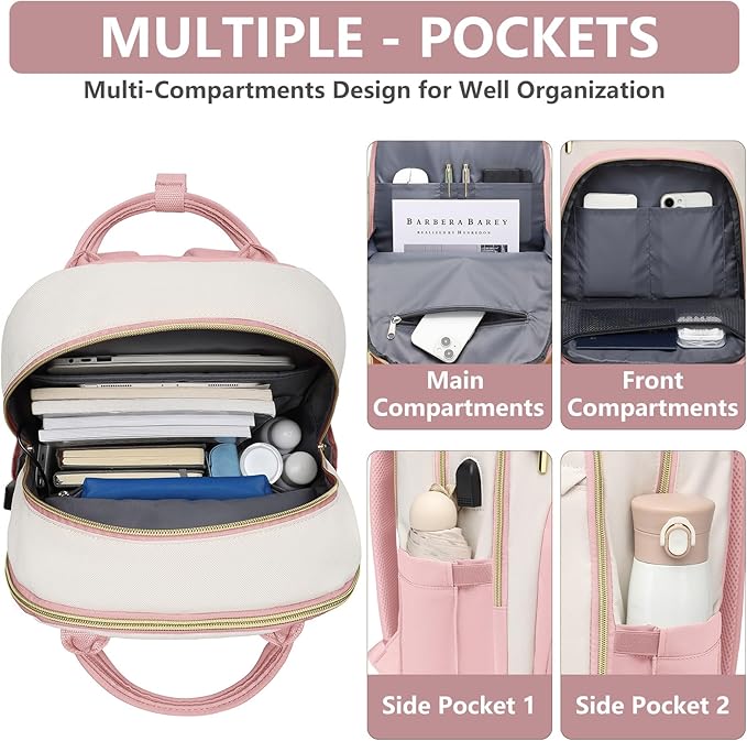 Laptop Backpack for Women Work Bag - 15.6 inch Travel Backpack Purse with USB Charger College Bookbag Waterproof Cute Casual Daypack Fashion Business Computer Backpacks for Teacher Nurse Pink Beige