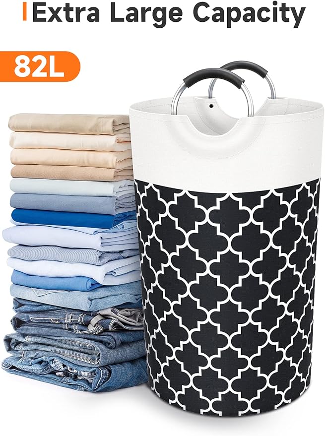 Large Laundry Hampe Basket Washing Bin Clothes Bag Collapsible Tall with Handles Waterproof Travel Bathroom College Essentials Storage for College Dorm, Family (Black) 82L