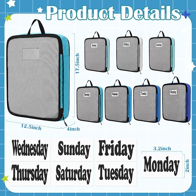 7 Pcs Packing Cubes for Travel Large Days of Week Compression Packing Cube with Labels Luggage Organizers Storage Bag(Blue)