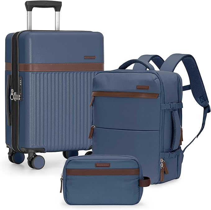 U.S. Traveler Vista Way 3-Piece Travel Set, 21-Inch Carry-on Hardside with TSA Lock, 18-Inch Travel Backpack with Laptop Sleeve, Toiletry Bag, Navy