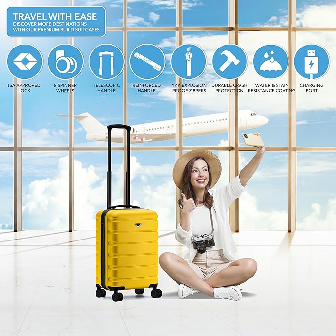 Flight Knight 22x14x9" Expandable Carry On Suitcase Hardside TSA Lock USB C Port Lightweight Luggage Silent Double Spinner Wheels Maximum Overhead Carry-On Bag For American & United Approved Airlines