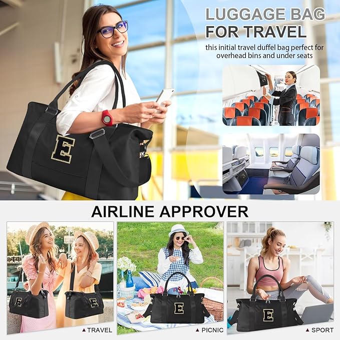 Dance Gym Duffel Bag for Teen Girls, Personalized Initial Travel Weekender Bag,Cute Overnight Carry On Duffle for Women,Sports Travel Cheer Bag,Monogram Christmas Gifts for Tween Preppy(black-E)