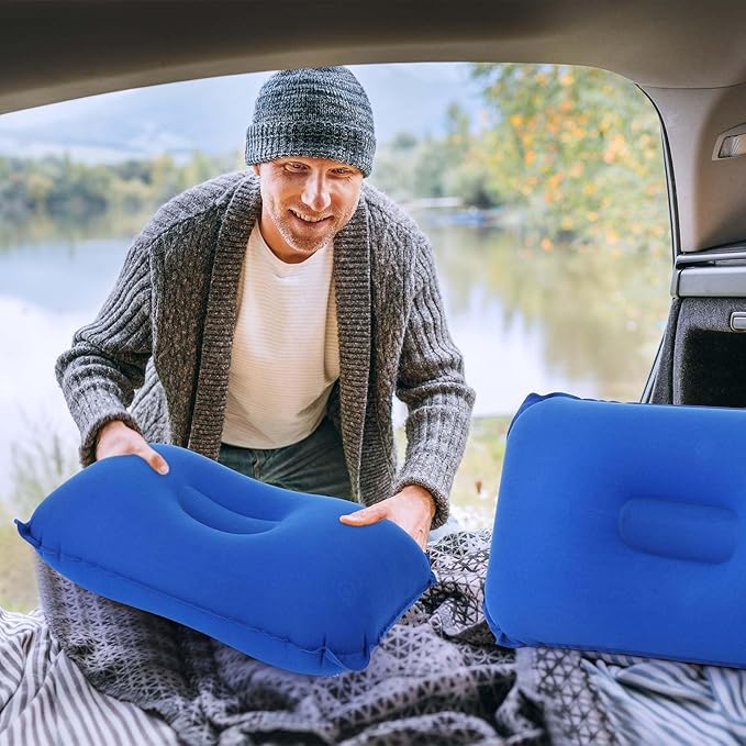 Geelin 20 Pack Inflatable Pillows for Camping Travel Beach Vacation Sand Squared Flocked Soft Fabric Backpacking Ultralight Pillows for Office Sleeping Neck Head Lumbar Support (Blue)