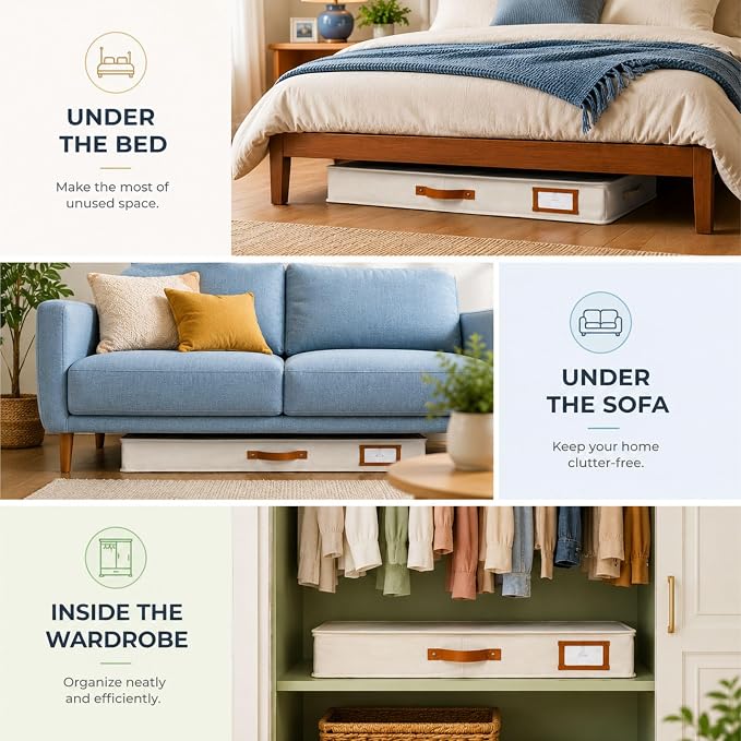 Under Bed Storage, Low Profile 2pc with Lid, Ivory | Slim fit for low-clearance beds & couches, Fits seasonal clothes, blankets & shoes, Bins with lids, Space-saving storage