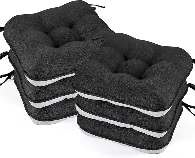 BETU Black Chair Cushions for Dining Chairs Set of 6,3.5" Thick Kitchen Table Chair Pads with Ties,Non Slip Backing and Covers,Seat Cushion for Dining Room,Bar,Patio Chairs,16"X16"X3.5",Black