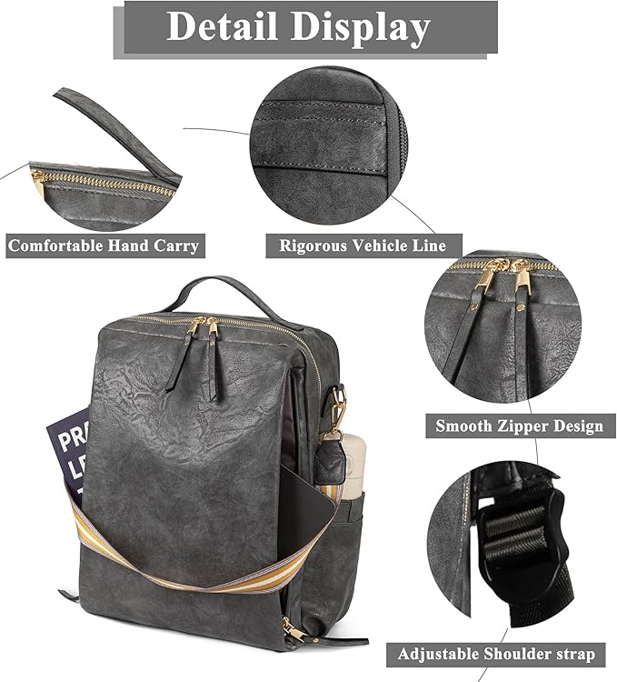 myfriday PU Leather Large Backpack Purse for Women Casual Travel Backpack Convertible Satchel Handbags With Luggage Strap (Grey)