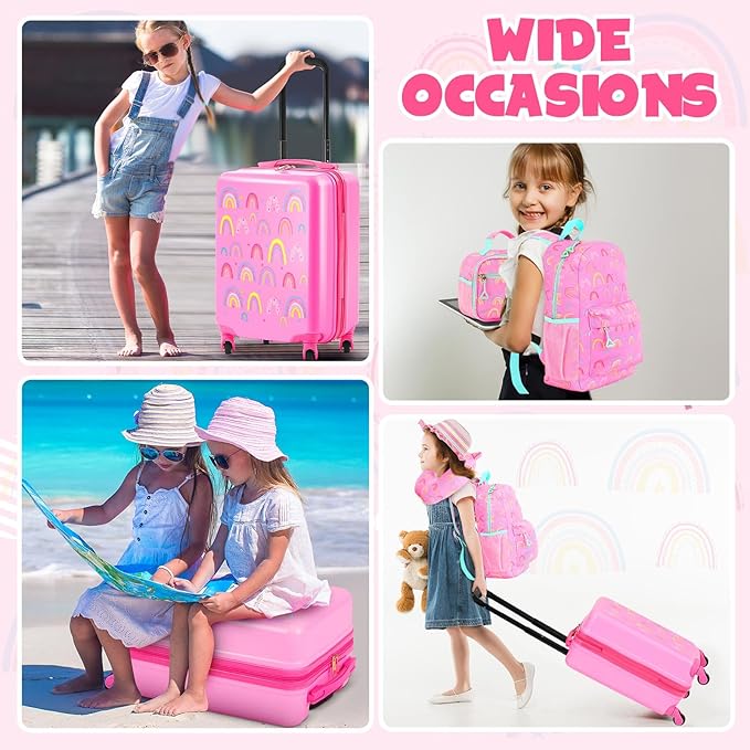 Redbaker 17 Inch 6 Pcs Kids Luggage Set Kids Rolling Luggage Double Pattern Suitcase for Boys Girls (Dusty Pink, Rainbow Style)