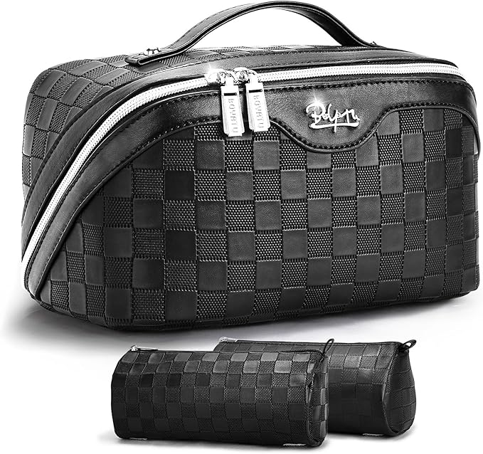 BOYATU Travel Makeup Bag Organizer: 3 Pcs Set Large Capacity Cosmetic Bags Holds 10–20 100ml Full-Size Bottles for 3–15 Day Trips - 180°Open-Flat Make up Case 3-sec touch-up - Toiletry Bag Gift women