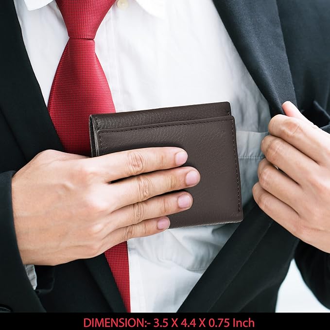 Real Leather Mens Trifold Wallet RFID Blocking Slim Minimalist Front Pocket - Thin & Stylish with ID Window in Gift Box