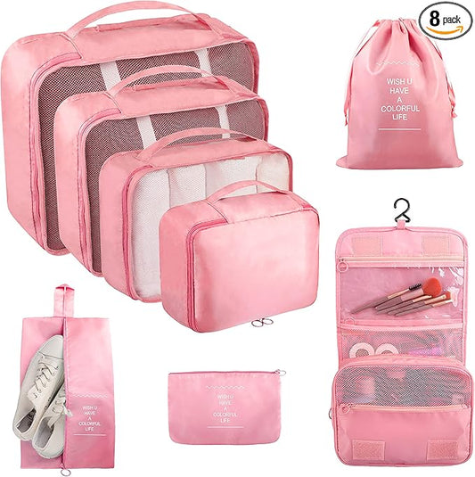 Packing Cubes, 8 Pcs Travel Packing Organizers for Suitcases, Large Capacity Travel Luggage Organizers Set includes 8 Storage Bags for Women or Men (Pink)
