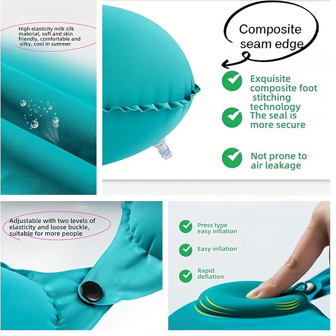 18-30s Quick Inflate /Deflate Neck Pillow for Travel - Adjustable Cervical Support with Dual Buckles, Breathable Milk Silk, Compact Portable Design Breathable Milk Silk ,Turquoise,15.7x11 inches