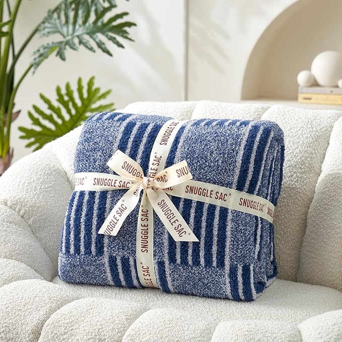 Snuggle Sac Navy Checkered Faux Fur Throw Blanket for Couch, Knitted with Microfiber Fancy Yarn Blanket, Reversible Soft Cozy Blankets for Sofa Bedroom,Heather Navy,50x60 inches