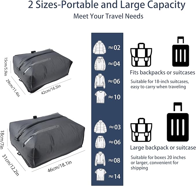 2PC Vacuum Bags for Travel with Waterproof Zipper,Compression Bags for Travel with Two-way valve,Luggage Vacuum Bag with Pump for Moving, Business Trip,Vacation,Compressible