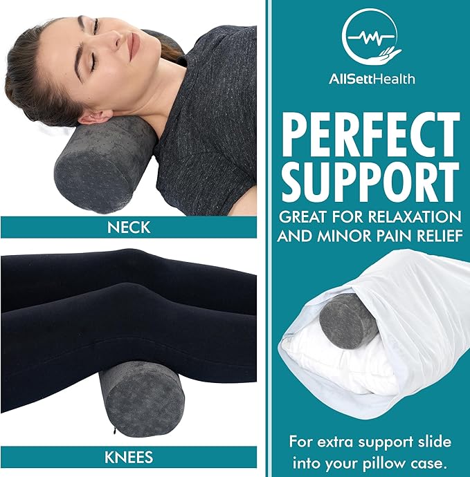 AllSett Health Round Cervical Roll Cylinder Bolster Pillow with Removable Washable Cover, Ergonomically Designed for Head, Neck, Back, and Legs, Grey | 13" X 5"