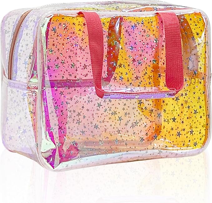 TPU Holographic Pink Clear Star Large Cosmetic Bag and Travel Pouch with Handle,Durable TPU Material,Zipper Design-Ideal for Makeup,Travel Essentials (Holographic pink)