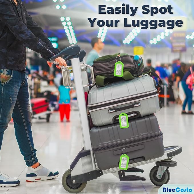 BlueCosto - Luggage Tags - Green, 10 Pack - Suitcase Tags with Name ID Card & Heavy-Duty Metal Wire Loops - Bright Colored PVC Identifiers for Travel Baggage - Backpack Name Labels
