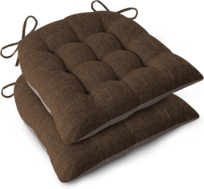 Chair Cushions for Dining Chairs Set of 2 Durable D-Shaped Seat Cushions with Non-Slip Backing Secure Ties Thick Cozy Seat Pad for Kitchen Dining Room Office(18x16.5x3in Coffee)