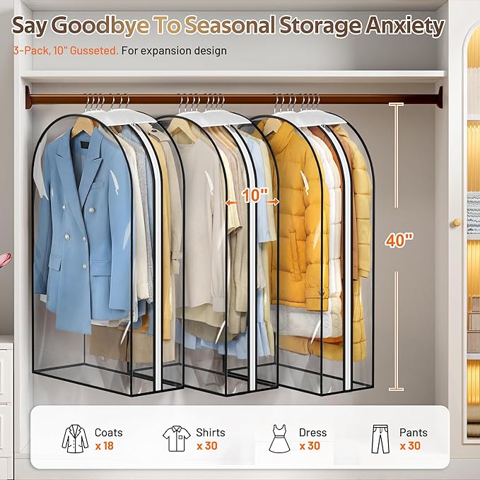 MISSLO 10" Gusseted All Clear Garment Bags for Hanging Clothes 3 Packs 40" Suit Bags for Closet Storage Hanging Clothes Storage Suit Cover for Shirts, Coats, Dresses