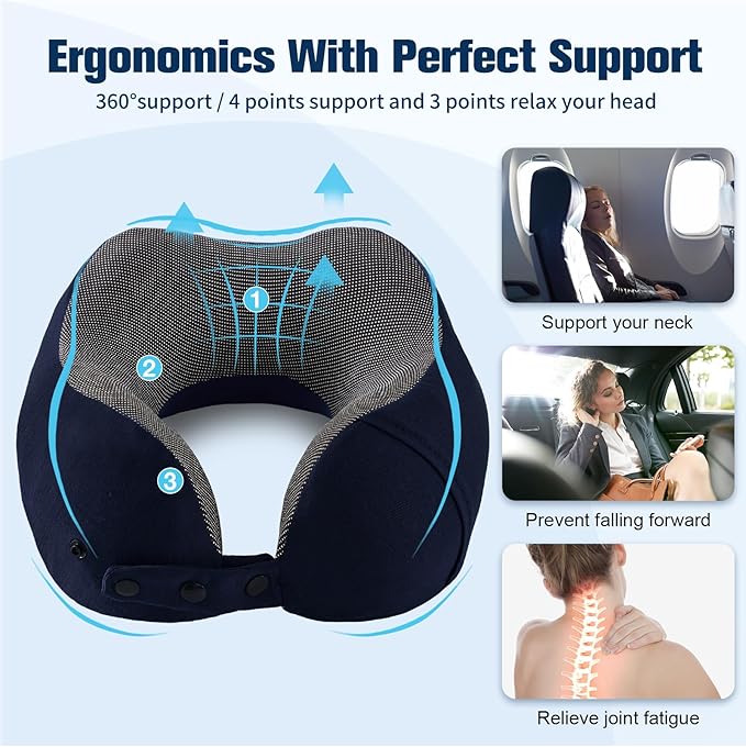 Neck Pillow for Traveling, Travel Pillows for Airplanes,100% Pure Memory Foam Travel Neck Pillow, Adjustable Flight Pillow, Portable Plane Accessories with Eye Mask, Earplugs, Carry Bag